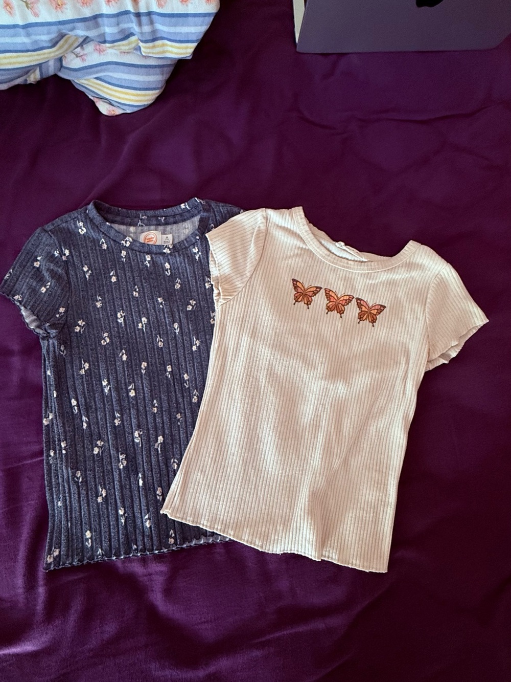 Girls Ribbed Butterfly Tee - Cream & Navy - set of 2